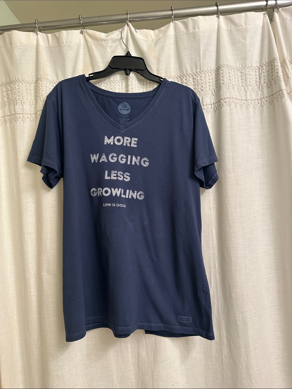 Life Is Good Navy V-Neck 'More Wagging Less Growling' Tee